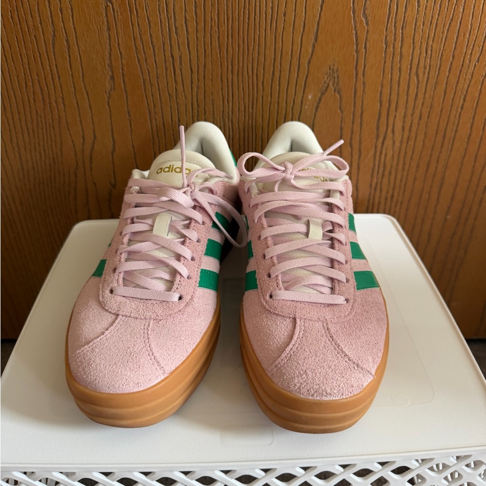 adidas Pink Suede Platform Sneakers with Green Stripes and Gum Sole - Picture 2 of 9